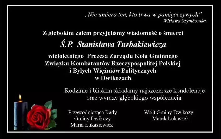 Kondolencje z powodu śmierci Pana Stanisława Turbakiewicza