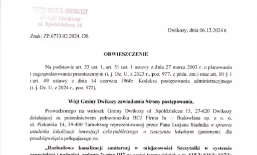 Zdjęcie do Obwieszczenie W&oacute;jta Gminy Dwikozy