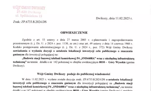 Zdjęcie do Obwieszczenie W&oacute;jta Gminy Dwikozy