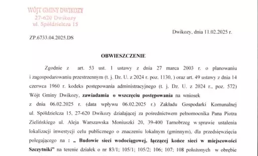 Zdjęcie do Obwieszczenie W&oacute;jta Gminy Dwikozy