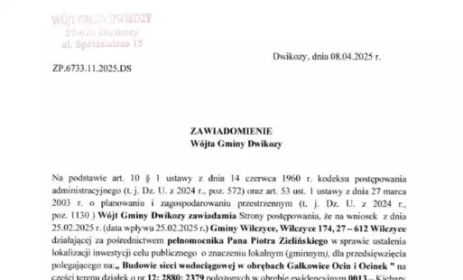 Zdjęcie do Zawiadomienie W&oacute;jta Gminy Dwikozy