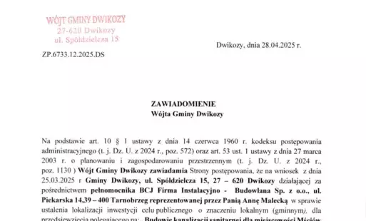 Zdjęcie do Zawiadomienie W&oacute;jta Gminy Dwikozy