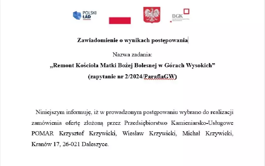 Zawiadomienie o wynikach postępowania dotyczącego realizacji zadania: "Remont Kościoła Matki Bożej Bolesnej w Górach Wysokich"