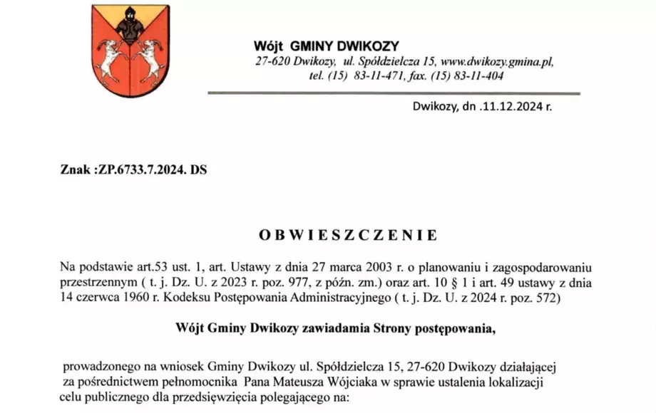 Obwieszczenie Wójta Gminy Dwikozy