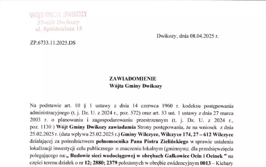Zawiadomienie Wójta Gminy Dwikozy