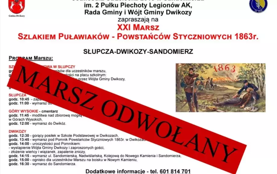 XXI Marsz Puławiaków - Powstańców Styczniowych 1863 r. odwołany