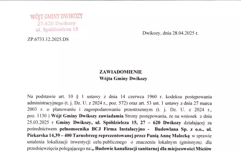 Zawiadomienie Wójta Gminy Dwikozy