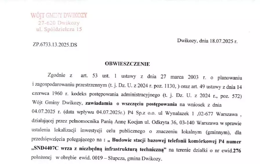 Obwieszczenie Wójta Gminy Dwikozy