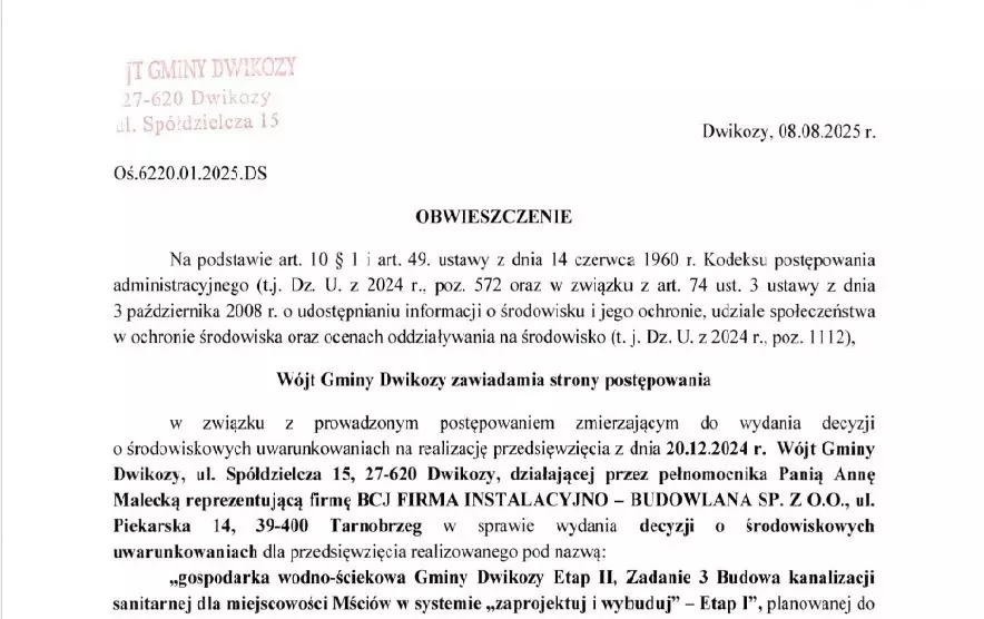 Obwieszczenie Wójta Gminy Dwikozy