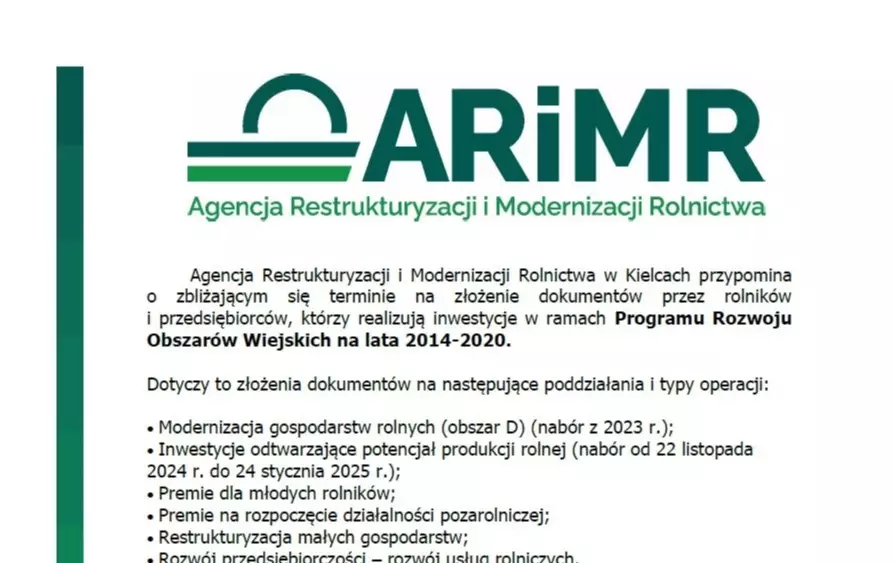 Komunikat Agencji Restrukturyzacji i Modernizacji Rolnictwa w Kielcach