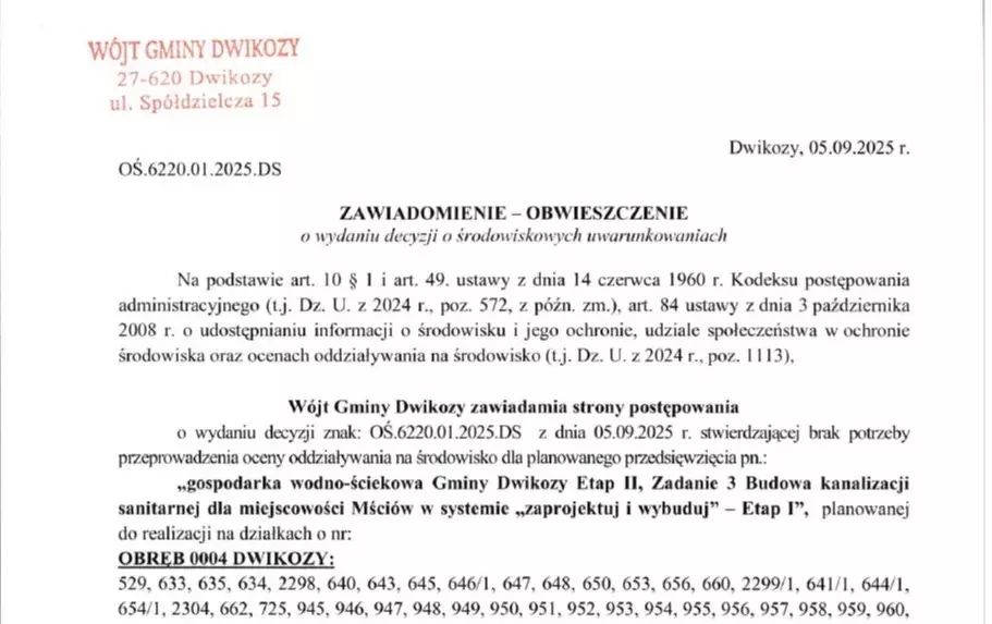 Zawiadomienie Wójta Gminy Dwikozy