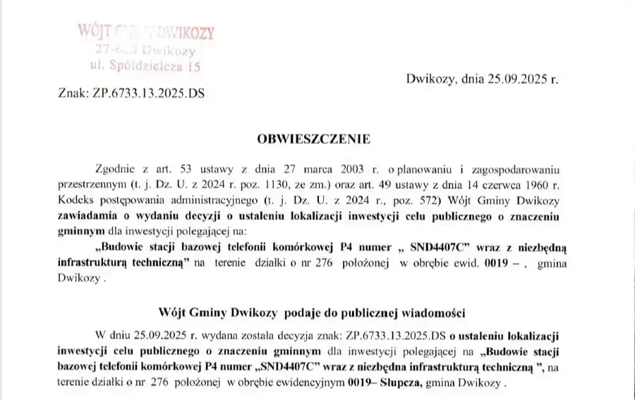 Obwieszczenie Wójta Gminy Dwikozy