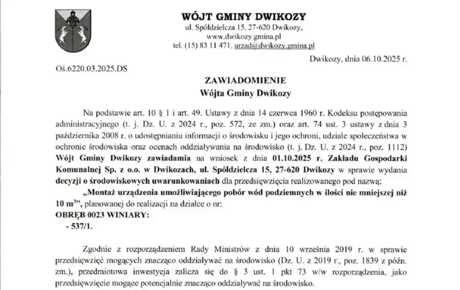 Zawiadomienie Wójta Gminy Dwikozy