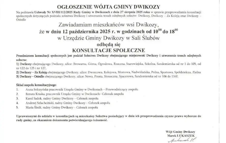 Konsultacje społeczne dotyczące podziału Sołectwa Dwikozy