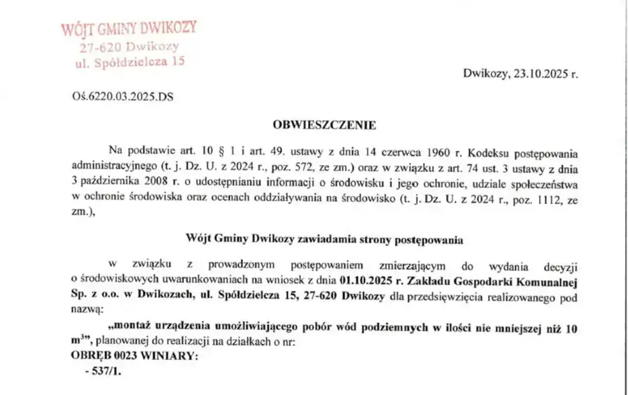 Obwieszczenie Wójta Gminy Dwikozy