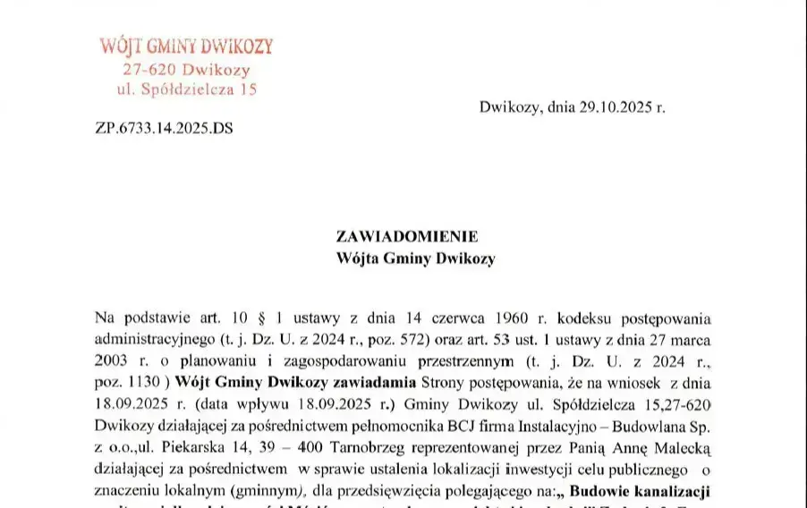 Zawiadomienie Wójta Gminy Dwikozy