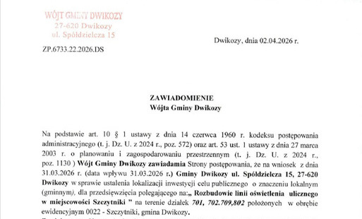 Zdjęcie do Zawiadomienie W&oacute;jta Gminy Dwikozy