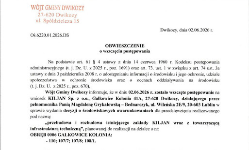 Zdjęcie do Obwieszczenie W&oacute;jta Gminy Dwikozy