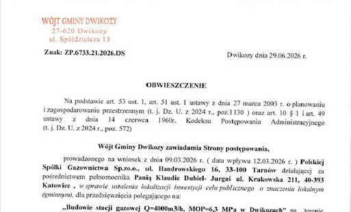 Zdjęcie do Obwieszczenie W&oacute;jta Gminy Dwikozy
