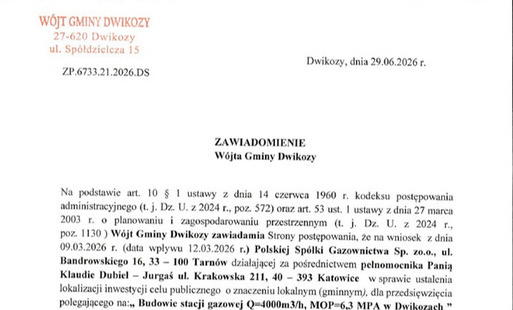Zdjęcie do Zawiadomienie W&oacute;jta Gminy Dwikozy