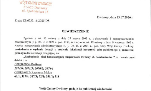 Zdjęcie do Obwieszczenie W&oacute;jta Gminy Dwikozy