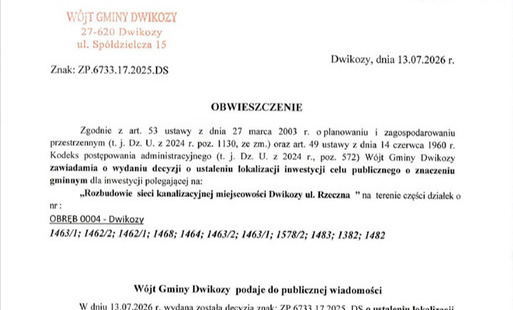 Zdjęcie do Obwieszczenie W&oacute;jta Gminy Dwikozy