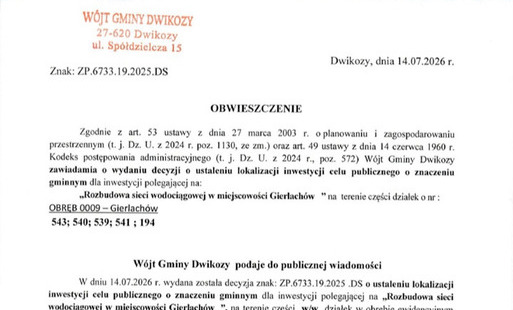 Zdjęcie do Obwieszczenie W&oacute;jta Gminy Dwikozy