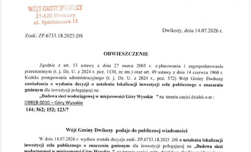 Zdjęcie do Obwieszczenie W&oacute;jta Gminy Dwikozy