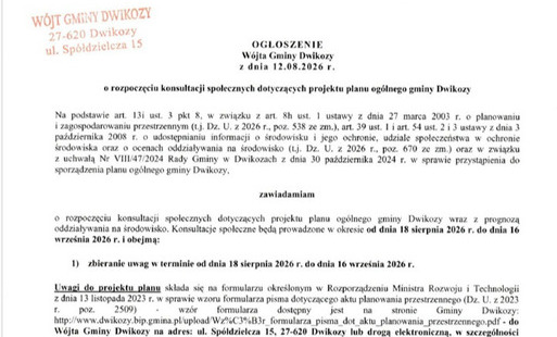 Zdjęcie do Ogłoszenie o rozpoczęciu konsultacji społecznych dotyczących projektu Planu Og&oacute;lnego Gminy Dwikozy