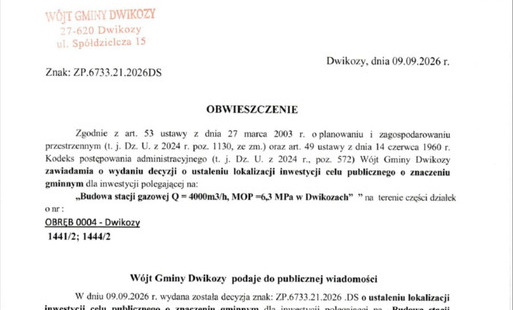 Zdjęcie do Obwieszczenie W&oacute;jta Gminy Dwikozy