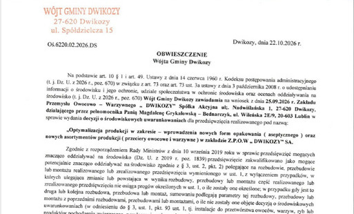 Zdjęcie do Obwieszczenie W&oacute;jta Gminy Dwikozy