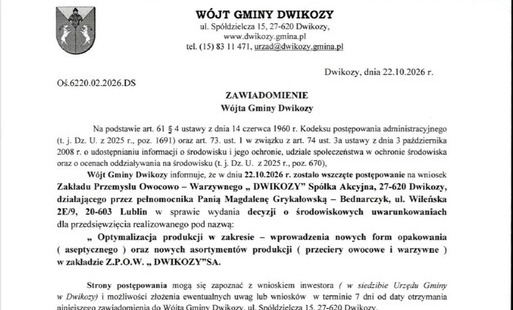 Zdjęcie do Zawiadomienie W&oacute;jta Gminy Dwikozy